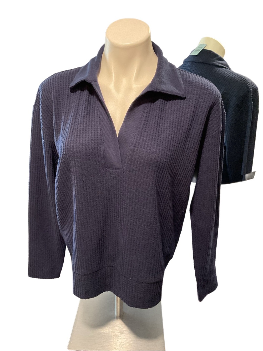 LOFT Navy Waffle-Knit V-Neck Collar Sweater